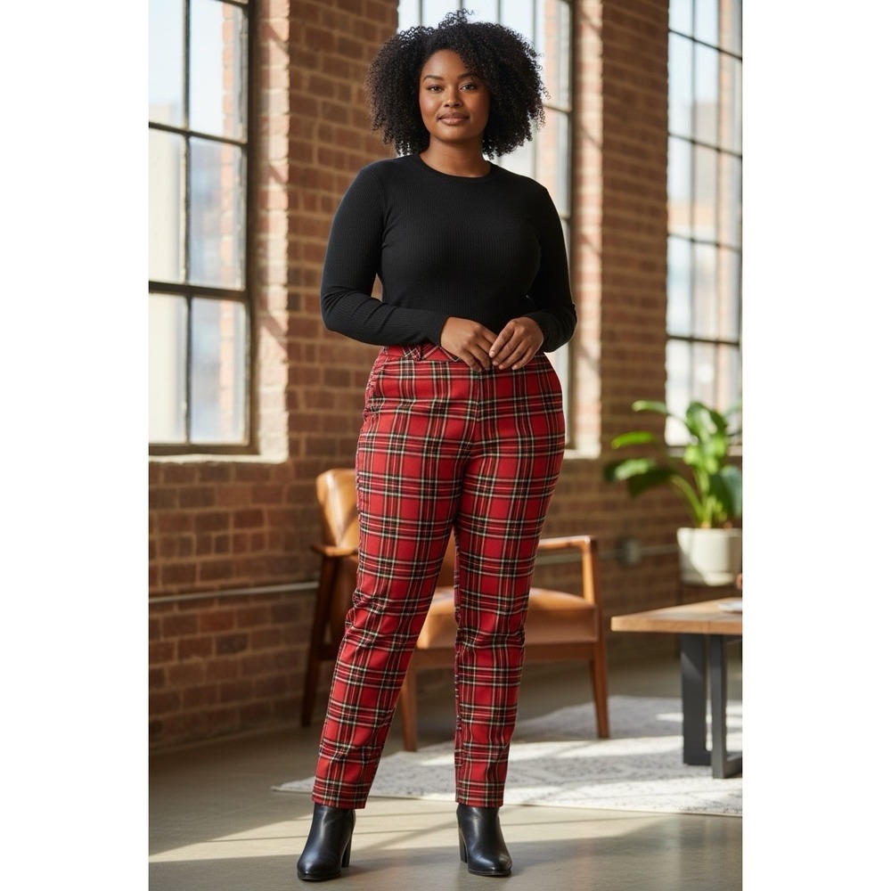 NWT JONES NEW YORK Pants Women Plus Size 2X Red Tartan Plaid Pull On Slim Leg
